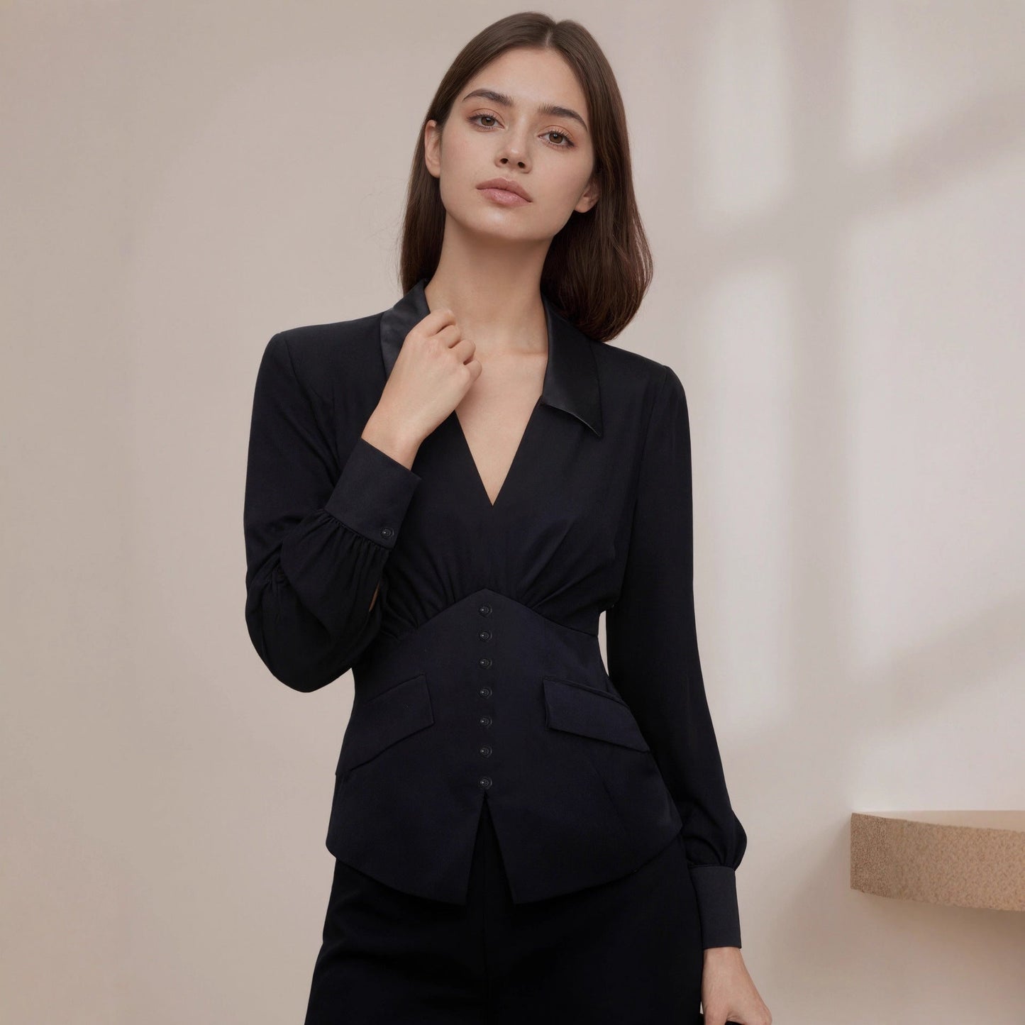 Small Pleated V neck Long Sleeve Shirt Women French Small Puff Sleeve Autumn Top