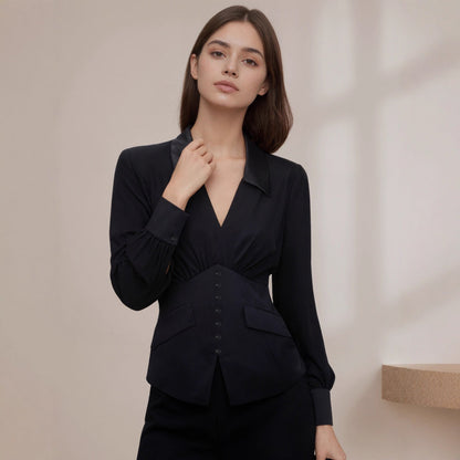 Small Pleated V neck Long Sleeve Shirt Women French Small Puff Sleeve Autumn Top