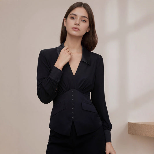 Small Pleated V neck Long Sleeve Shirt Women French Small Puff Sleeve Autumn Top