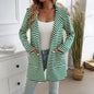 Autumn Winter Elegant Striped Cardigan Hooded Knitted Long Sleeved Coat Women Clothing