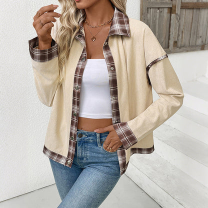 Casual Retro Collared Plaid Corduroy Stitching Autumn Women Jacket