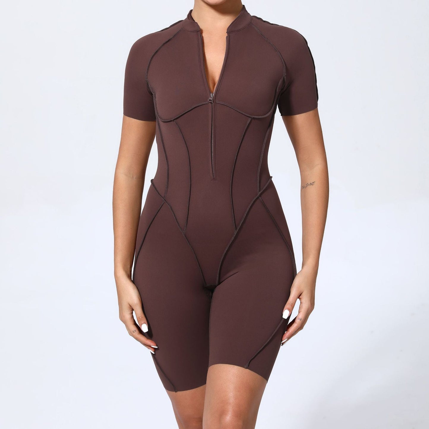 Summer Zipper Short Sleeve Outer Wear Fitness Yoga Jumpsuit Women Dance Tight Sports Jumpsuit