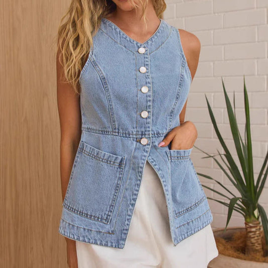 Women Clothing Summer Casual Slim Fit Buttoned Cardigan Denim Vest