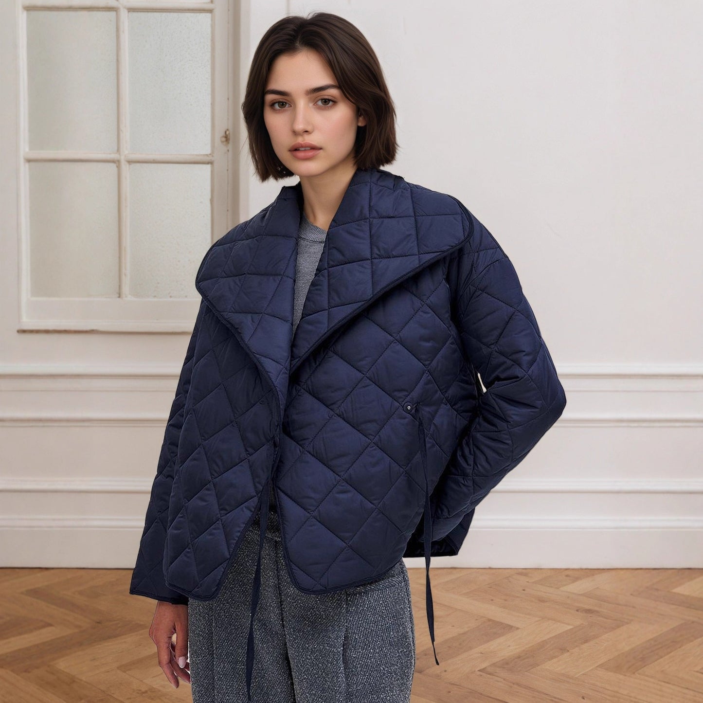 Women Large Collared Sapphire Blue Tone with Rhombic Quilted Short Loose Design Cotton Padded Coat