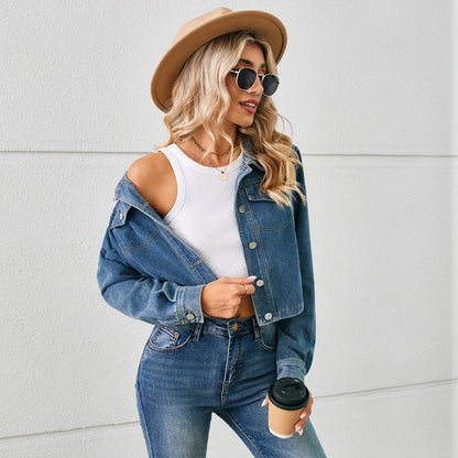 Sexy Washed Denim Short Jacket Top Long Sleeve Women