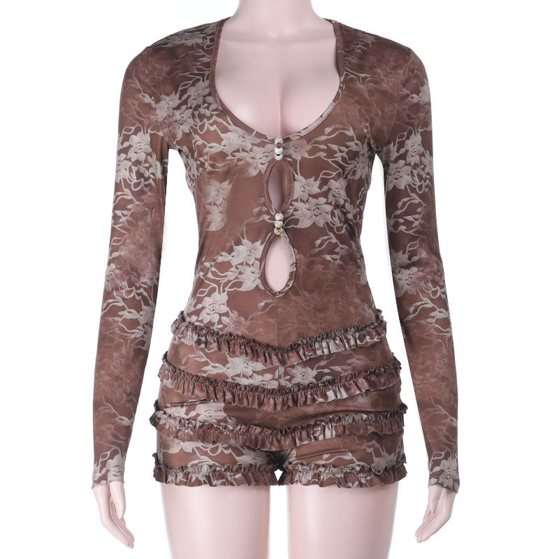 Autumn Winter Sexy Tight Deep V Plunge Long Sleeve Printing Romper