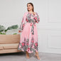 Plus Size Printed Long Sleeve Dress High Waist Lace up Vacation Swing Maxi Dress