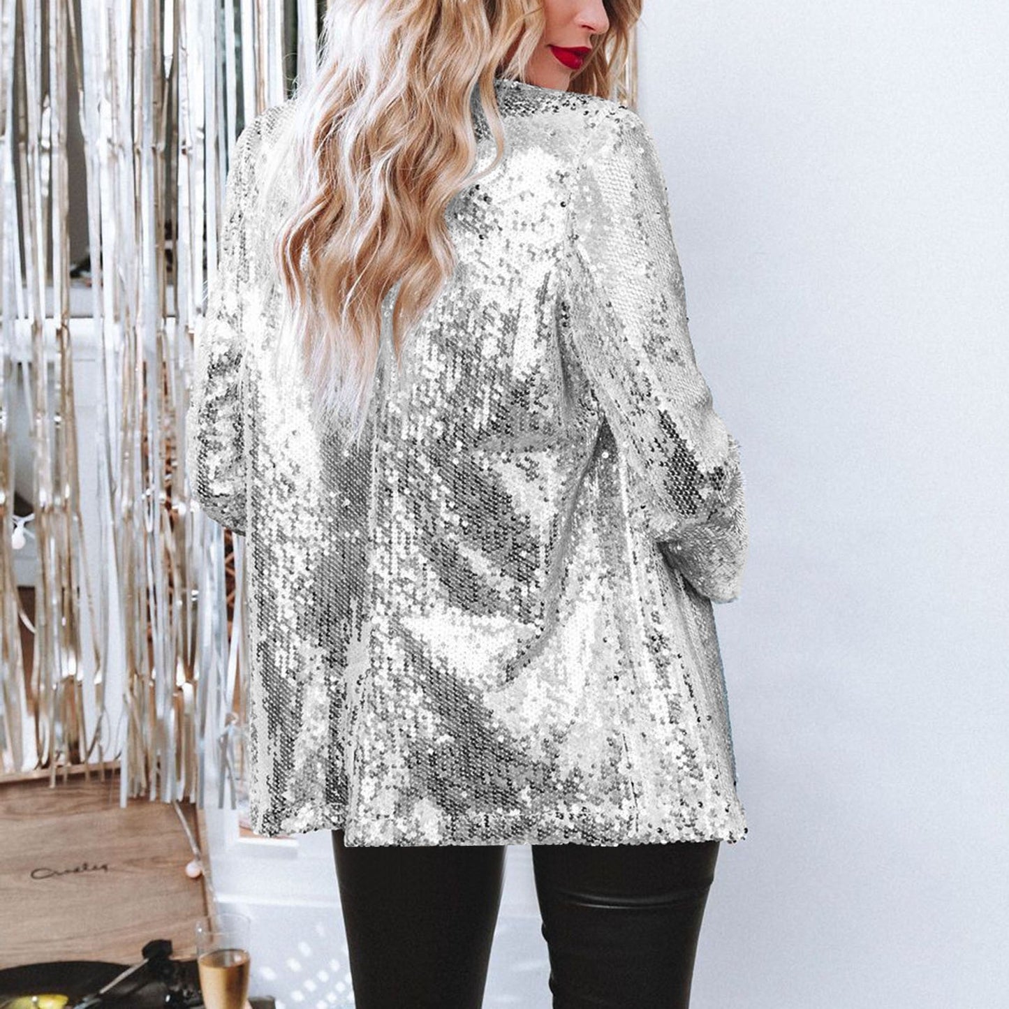 Casual Big Sequin Top Sequined Long Sleeve Office Collared Elegant Small Blazer