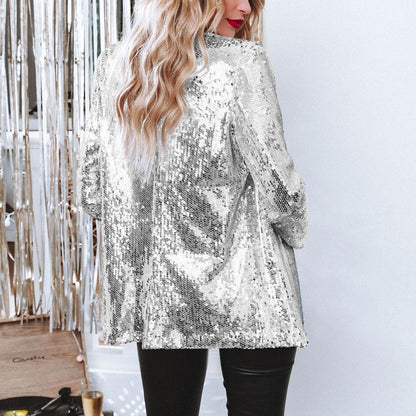 Casual Big Sequin Top Sequined Long Sleeve Office Collared Elegant Small Blazer