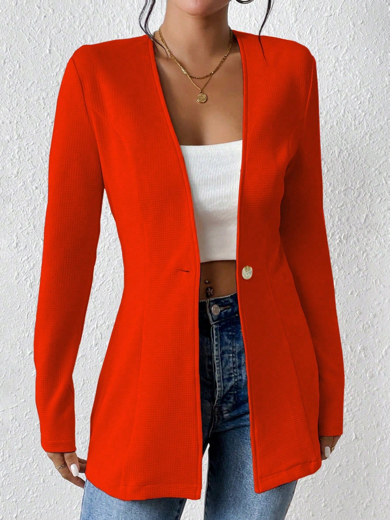 Fashionable V neck One Button Solid Color Long Sleeve Small Blazer