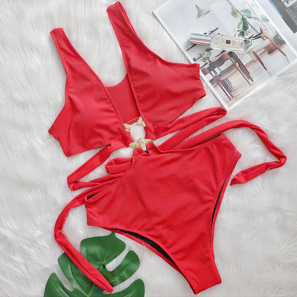 Bikini Sexy Deep V Plunge neck Metal Strap Women Swimsuit High Waist Bathing Suit