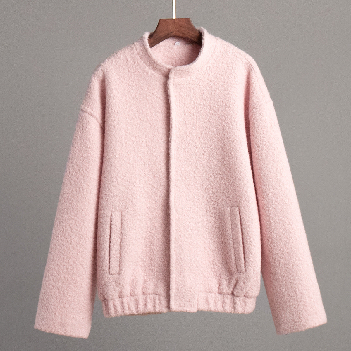 Pink Jacket Winter Casual Stand Collar Drop Shoulder Sleeve Short Furry Coat