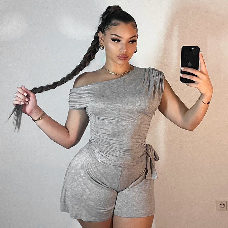 Women Clothing Spring Summer Crossbody off the Shoulder Pleated Bow Waist Tie Romper