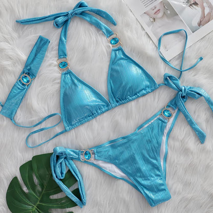 Sexy Bikini Crystal Diamond Three Piece Split Swimsuit Beach Shiny Women Swimsuit
