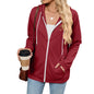 Autumn Winter Contrast Color Zipper Hooded Pocket Long Sleeve Women Top