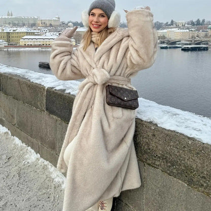 Fall Winter Hooded Faux Fur Coat Women Long Brand Mink Fur Leather Fur Coat Soft Environmental Fur Coat