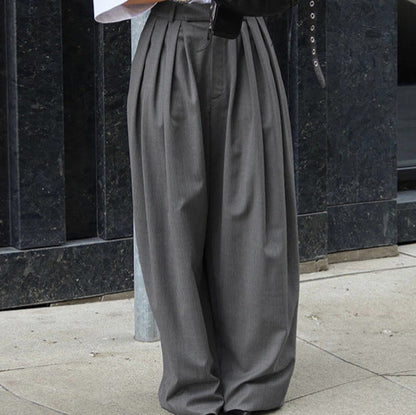 French Office Pleated Gray Work Pant Women Autumn Casual Loose All Matching Wide Leg Trousers