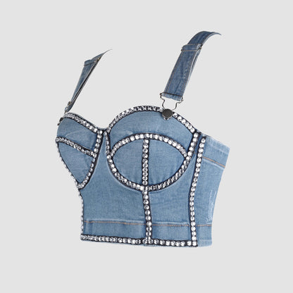 Cross Denim Hand-Stitched Diamond Sling Washed Removable Thick Shoulder Strap Back Strap Buckle Outer Wear