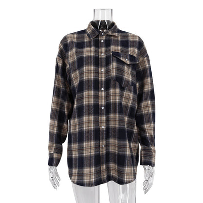 Autumn Winter Classic Retro Boyfriend Plaid Shacket Women All Match Loose Shirt