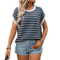 Women Clothing Summer round Neck Knitted Top Casual Striped Contrast Color Sweater