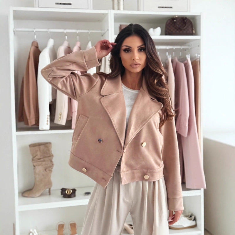 Wome Clothing Slim Collared Button Suede Short Coat