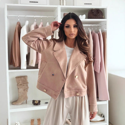 Wome Clothing Slim Collared Button Suede Short Coat