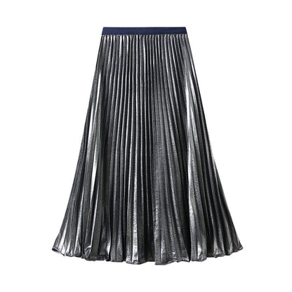 Thin Glittering Pearlescent Pleated Puffy Skirt for Women Autumn Elegant Drape Organ Pleated
