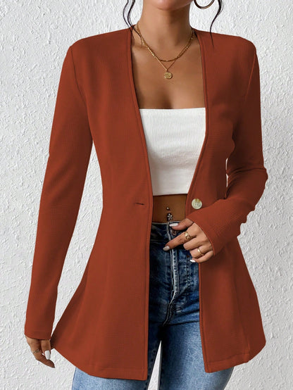 Fashionable V neck One Button Solid Color Long Sleeve Small Blazer
