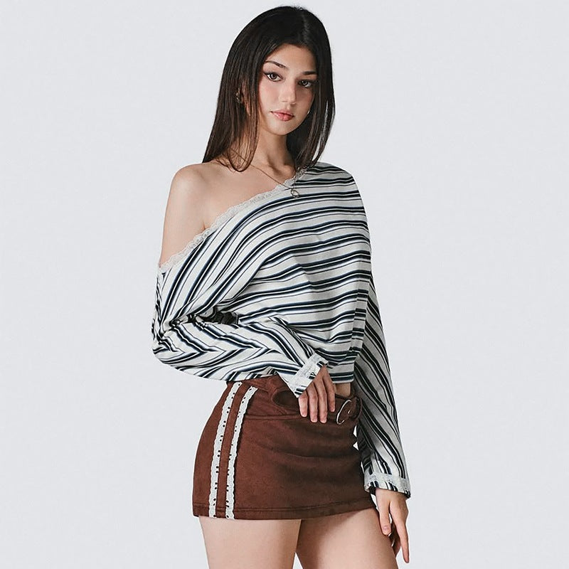 Striped Long Sleeved T shirt for Women Autumn Winter Lace Knitted Top for Women