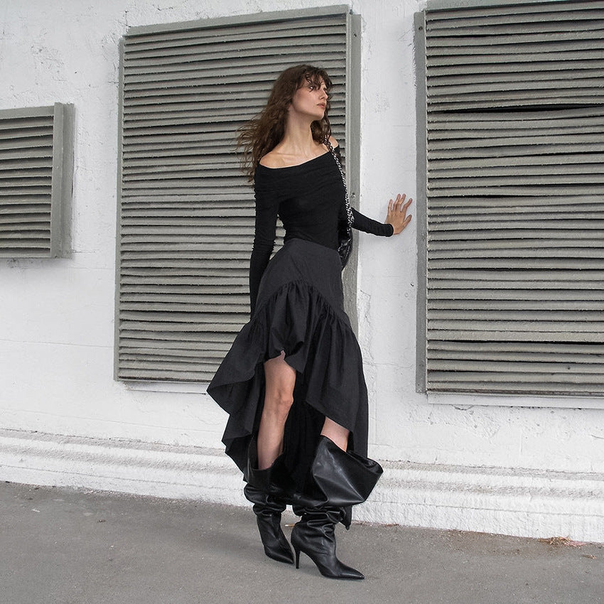 Fall Design High Waist Open Leg Layered Ruffled Cotton Irregular Asymmetric Skirt for Women
