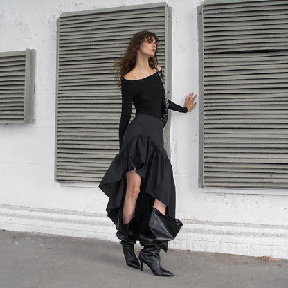 Fall Design High Waist Open Leg Layered Ruffled Cotton Irregular Asymmetric Skirt for Women