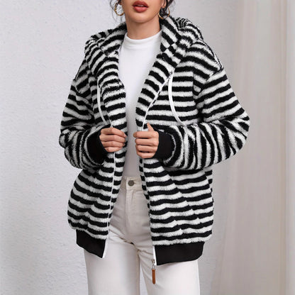 Autumn Winter Lazy Plush Design Black White Striped Hooded Jacket