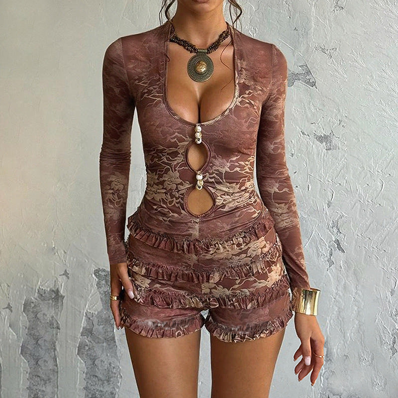 Autumn Winter Sexy Tight Deep V Plunge Long Sleeve Printing Romper