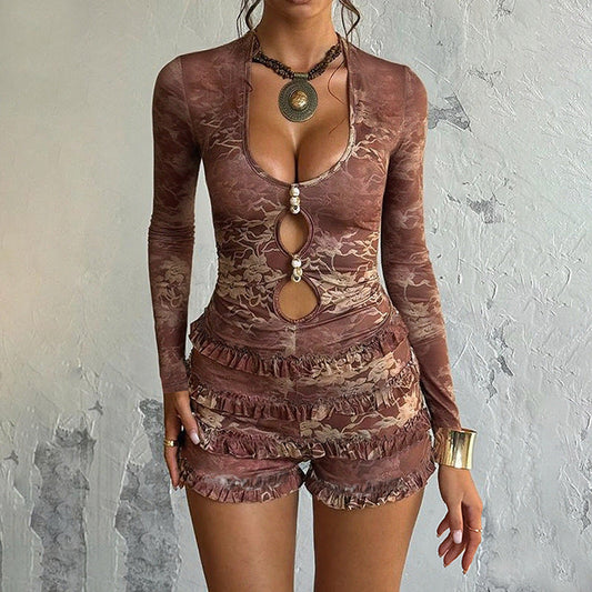 Autumn Winter Sexy Tight Deep V Plunge Long Sleeve Printing Romper