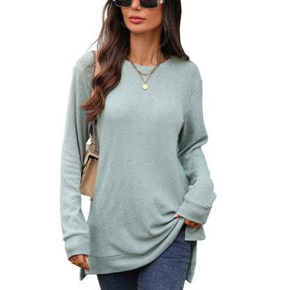 Autumn Winter round Neck Geometric Abstract Jacquard Loose Fitting Long Sleeved T shirt Top Women