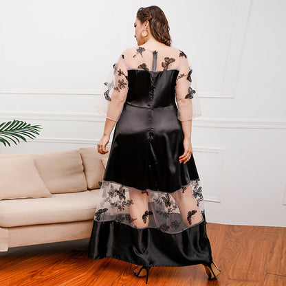Plus Size French Royal Mesh Stitching Lace Girls Wearable Mid-Length Dress Ogen Mesh Banquet Dress