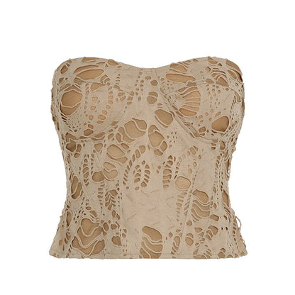 Retro Waste Soil Sexy Sexy Ripped Tube Top Double-Layer Contrast Color Chest Flattering Holiday Top Women