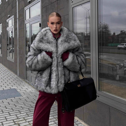 Autumn Winter Fox Fur Jacket Women Large Collared Internet Celebrity Faux Fur Coat Silver Fox Color Environmental Fur