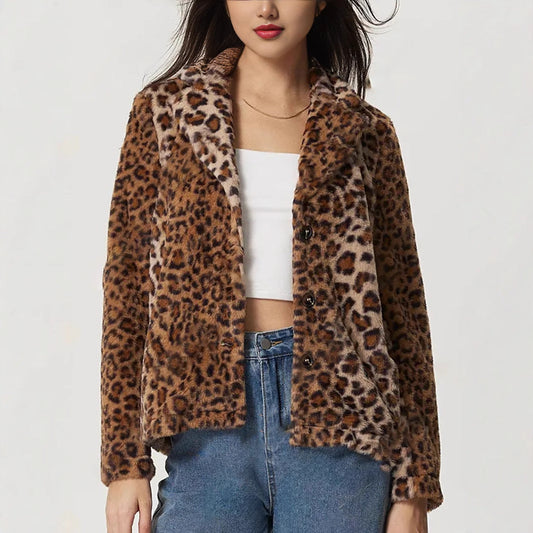Women Clothing Buckle Collared Thickening Leopard Print Coat