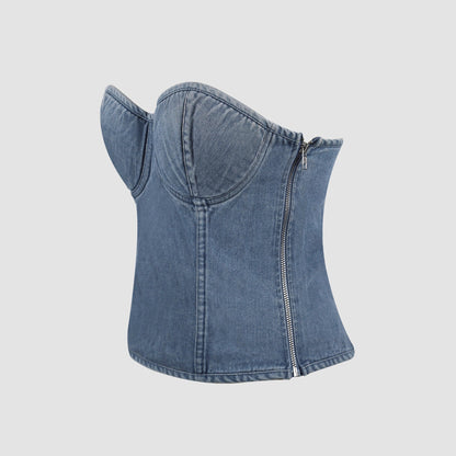 Spicy Girl Retro Denim Tube Top Women Sweet Cool off Shoulder Cropped Top