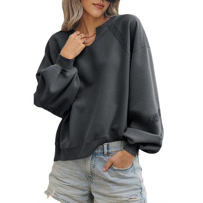 Solid Color Half Open Collar Stitching Lace Loose Stylish Long Sleeves Sweater