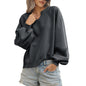 Solid Color Half Open Collar Stitching Lace Loose Stylish Long Sleeves Sweater