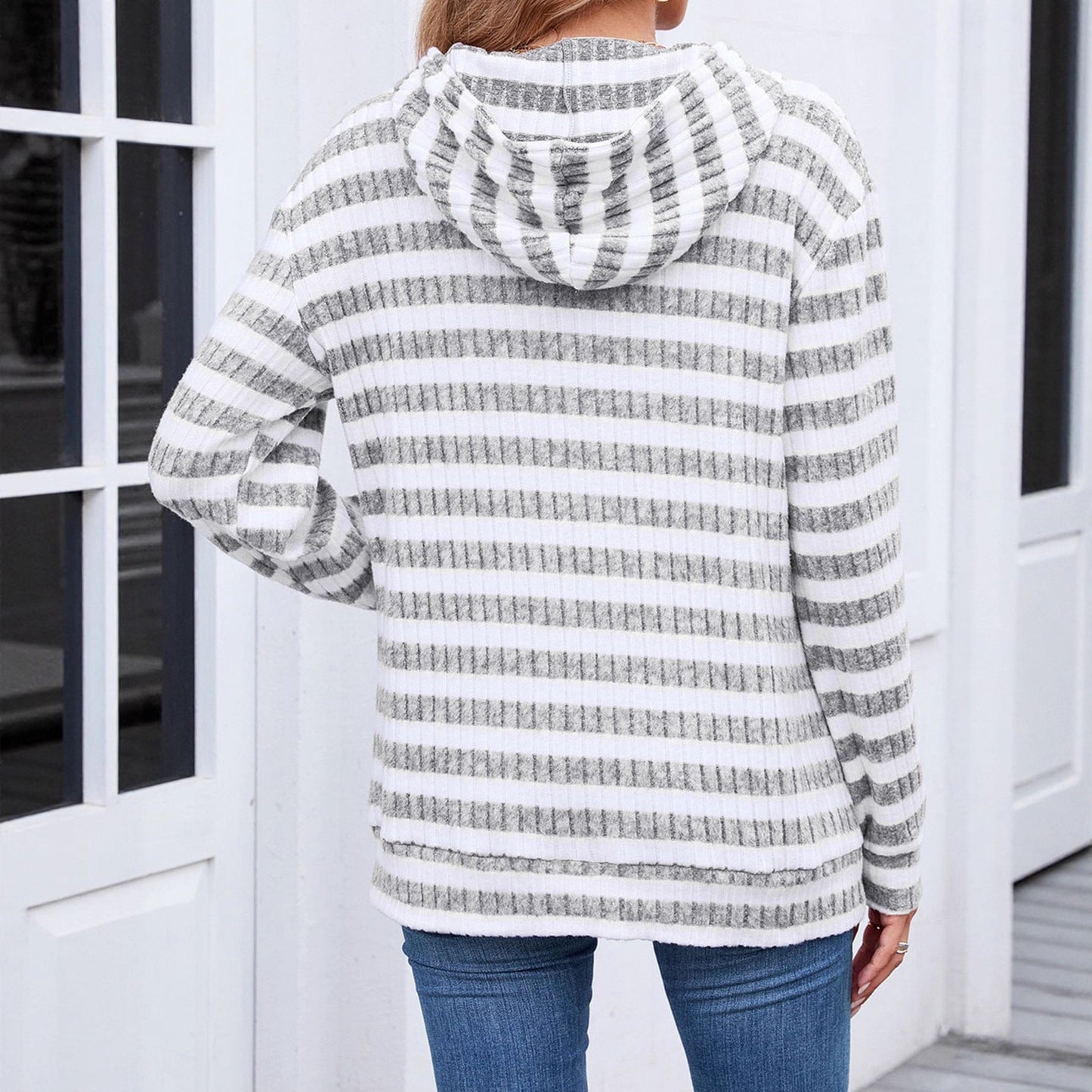 Fall Winter Striped Hooded Top Pocket Loose Long Sleeve Sweatershirt Women