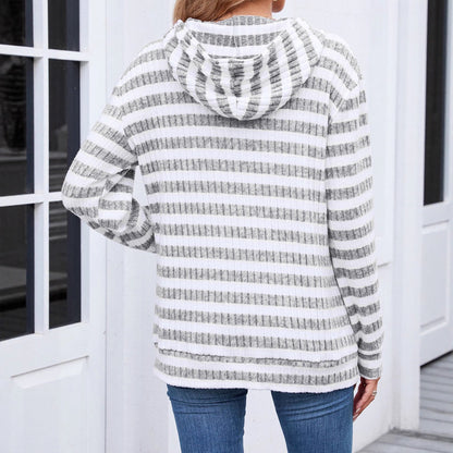 Fall Winter Striped Hooded Top Pocket Loose Long Sleeve Sweatershirt Women