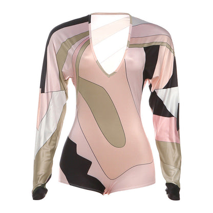 Autumn Winter Women Sexy Slim Deep V Plunge neck Long Sleeve Contrast Color Sexy Rompers