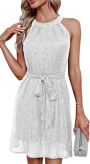 Women Clothing Sequ Dress Half Halter Collar Sleeveless Sparkling Dress