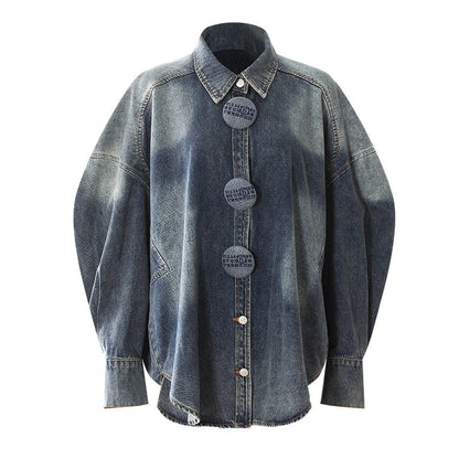 Spring Designer Model Large Buttons Washed Denim Loose Profile Cocoon Shaped Coat Micro Drop Shoulder Shirt Women