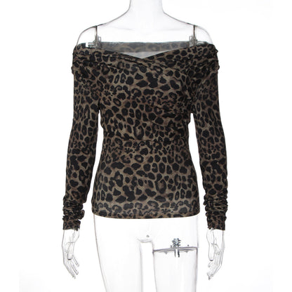 Women Clothing Fall Sexy off Shoulder Leopard Print Slim Fit Sexy Long Sleeve Top