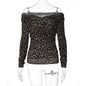 Women Clothing Fall Sexy off Shoulder Leopard Print Slim Fit Sexy Long Sleeve Top