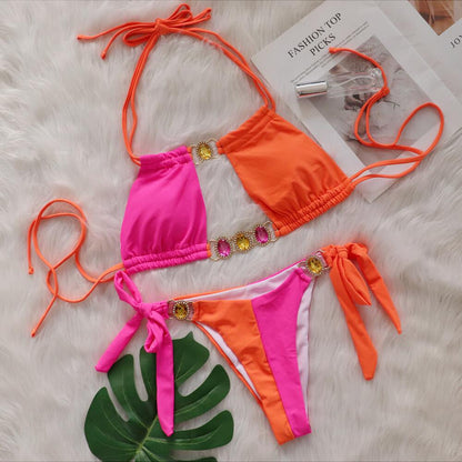 Baizi Crystal Diamond Bikini Sexy Patchwork Strap Women Split Swimsuit